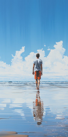 steven walks along the beach in a striking painting captured in chrome reflections. the flat figuration and ultra-high-definition image bring out the vivid details of this pictorial dreamscape. the full-body portrayal in strip painting style adds depth to the serene scene. ai generatedの素材