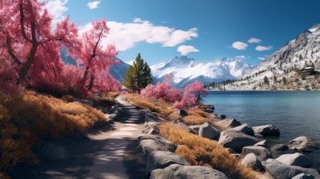 the lake hiking trail captures the essence of nature with vibrant yellow, blue, pink, and black hues. strong shadows play beautifully as the golden light bathes the scene, creating a pastel poetcore masterpiece. the high-quality, award-winning illustration showcases intricate details through a zoom lens, reminiscent of ferrania p30 film, channeling the spirit of ansel adams and andrew tischler. ai generatedの素材
