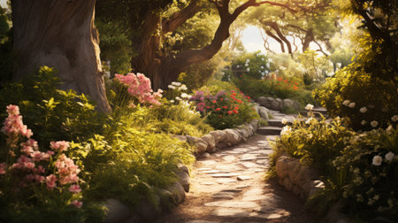 the garden hiking trail features a blend of yellow, blue, pink, and black hues creating a vibrant and poetic atmosphere. strong shadows cast by the golden light enhance the pastel colors, reminiscent of an award-winning illustration. the high-quality, detailed scenery captures the essence of ferrania p30 film, with a zoom lens perspective reminiscent of ansel adams and andrew tischler's work. ai generatedの素材