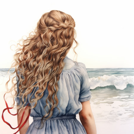 isabella's back facing the camera in a watercolor painting, set against a plain white background. her hair styled in casual beachy waves. ai generatedの素材
