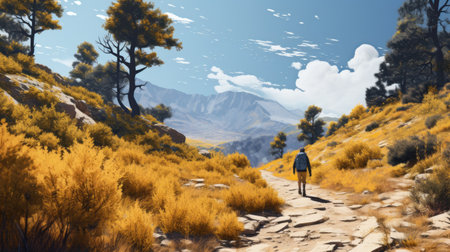 the mesmerizing hinterland hiking trail captivates with its colorful palette of yellow, blue, pink, and black. the strong shadows and golden light create a poetic atmosphere in this award-winning illustration, reminiscent of the detailed works of ansel adams and andrew tischler. shot with a high-quality zoom lens on ferrania p30 film, the image exudes a pastel, poetcore aesthetic. ai generatedの素材