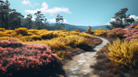 the heath hiking trail, captured in stunning yellow, blue, pink, and black hues, features strong shadows and golden light. this award-winning illustration showcases high quality and detail, reminiscent of ferrania p30 film. the zoom lens used in this image evokes ansel adams and andrew tischler's style, giving a poetcore aesthetic. ai generatedの素材