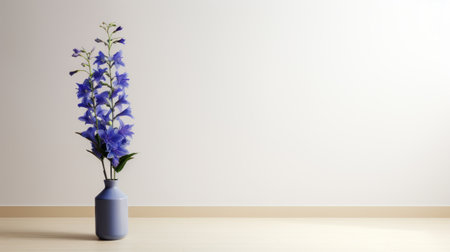 delphinium flower stands in the center of an empty room captured in a stock photo with abstract minimalism style. this 3840x2160 resolution image appeals to minimalist enthusiasts, featuring playful minimalism elements. the photo merges post-minimalism and minimalist ceramics, achieving a unique and eye-catching composition. ai generatedの素材