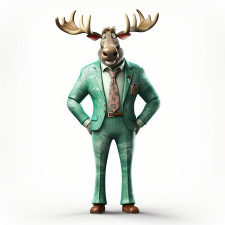 the anthropomorphic caribou, wearing a vibrant green turquoise suit, stands out against a crisp white background. this hyper-realistic cartoon character exudes friendliness and charm, making it a delightful and visually striking subject for any creative project. ai generatedの素材