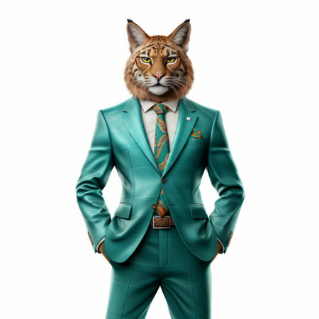 a friendly anthropomorphic bobcat in a green turquoise suit stands in a hyper-realistic cartoon style against a white background. the whimsical character fills the frame, showcasing the detailed rendering of the cute and playful cartoon bobcat in vibrant colors. ai generatedの素材