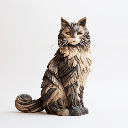 wooden norwegian forest cat sculpture handcrafted with intricate details, showcased against a clean white backdrop. this unique full-body piece captures the majestic beauty of the breed. perfect for cat lovers and those who appreciate handcrafted art. ai generatedの素材