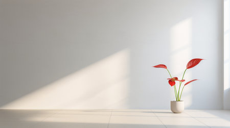 this vibrant anthurium plant is showcased as the focal point in a spacious empty room, reflecting abstract minimalism. the image, in 32k uhd resolution, captures the essence of playful minimalism and post-minimalism. an ideal addition to collections focusing on minimalist portraits, ceramics, and the artistry of post-minimalism. the photograph's resolution is 3840x2160. ai generatedの素材