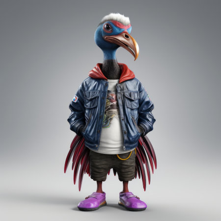 a 3d cartoon cassowary is depicted in urban attire, exuding an irresistibly cute aura. the design seamlessly blends the unique features of the cassowary with trendy urban fashion, creating a charming and modern character. ai generatedの素材
