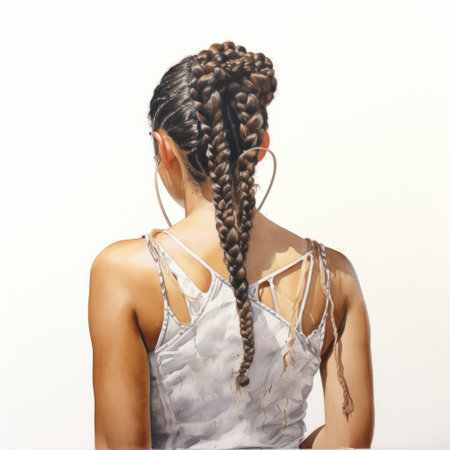victoria with her back to the camera showing off her elegant cornrows hairstyle, against a soft watercolour backdrop. the striking contrast against the white background enhances the intricacy of her hairstyle, making it the focal point of the image. ai generatedの素材
