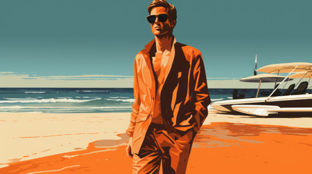timothy on the beach in a realistic and hyper-detailed rendering, sporting orange hues. the chic illustration captures a sleek and stylized look in light maroon and brown tones. this poolcore image radiates 1990s vibes in ultra-high definition. ai generatedの素材