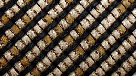 a close-up shot of a rope texture in light brown and black colors, reminiscent of the style seen in kabuki theater. the grid-like pattern showcases the polished craftsmanship, with a combination of dark white and light gold tones adding an elegant touch. made of rubber, this intricate design highlights the precise craftsmanship involved. ai generatedの素材