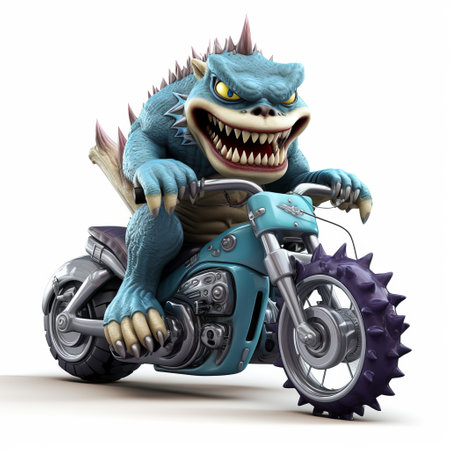 3d monster on motorcycle isolated on white background, full body shot of creature riding bike. scary 3d monster figure posing on motorcycle, detailed design of creature on bike. unique 3d model of a monster sitting on a motorcycle, white background. monstrous 3d character riding a motorcycle, isolated image. ai generatedの素材