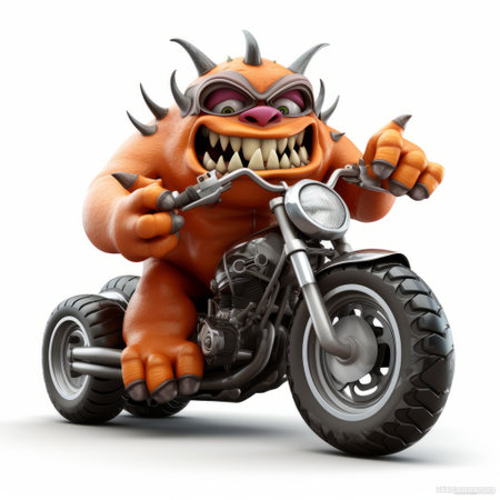 a 3d monster is sitting on a motorcycle, beautifully rendered and isolated on a white background. the monster is detailed and lifelike, showcasing intricate textures and vivid colors. this full-body image captures the creature in a dynamic pose, ready for action. ai generatedの素材