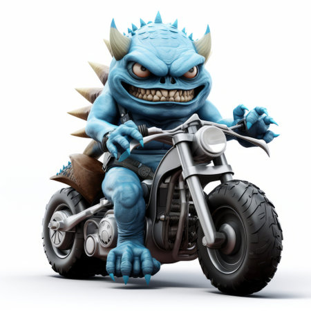 3d monster on motorcycle isolated on white background, featuring detailed design. the monster has a striking appearance while seated on the bike, creating a unique and eye-catching visual. the motorcycle and monster combination is a captivating and intriguing concept for illustrations or themed projects. ai generatedの素材