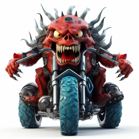 the 3d monster on a motorcycle is showcased in this isolated image on a white background. the monster is sitting on the motorcycle, showing its full body in clear detail. this unique and eye-catching design is perfect for various creative projects and themes. ai generatedの素材