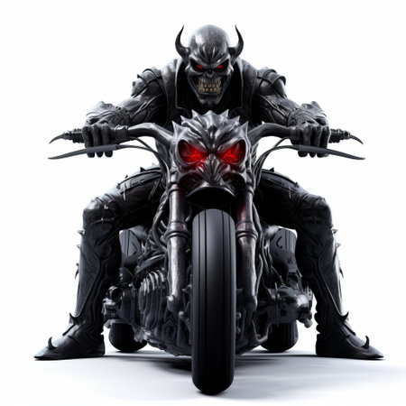 3d demon character perched on a motorcycle, showcased in full body view, against a white isolated background. demon rider on a motorcycle in a 3d illustration. red demon riding a bike in 3d rendering. sitting demon on a motorcycle isolated in 3d graphic. ai generatedの素材