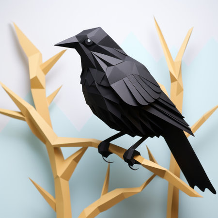 blackbird paper craft featuring a polygon design perched on a tree branch against a wall. the minimalist yet captivating design showcases intricate angles and shapes, creating a striking visual impact. this unique artwork combines elegance with modernity, making it a perfect addition to any decor. ai generatedの素材