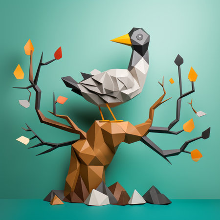duck paper craft with polygon design perched on tree branch. simple, eye-catching diy. geometric duck art on a branch against wall. unique polygonal duck decor. crafted duck on branch for home decoration. easy polygonal duck paper craft idea. eye-catching diy duck project for any space. aesthetic polygonal design for creative wall decor. ai generatedの素材