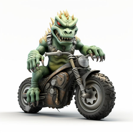 a 3d monster perched atop a motorcycle, showcased against a white backdrop. the creature's entire figure is visible in this striking image. keywords: 3d monster, motorcycle, isolated, white background, full body. ai generatedの素材