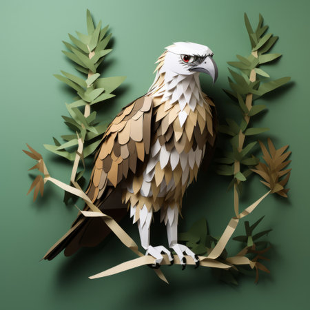 osprey paper craft featuring a polygon design, perched on a tree branch, showcased against a wall. the intricate geometric patterns and simplicity of the design make this paper craft a captivating and visually appealing decor piece. perfect for nature enthusiasts and bird lovers alike. ai generatedの素材