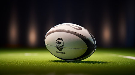 rugby ball photographed with canon eos r5 in a professional studio setting. the image displays the front full view of the ball against a solid color background, emphasizing its design without distractions. the shot captures the details and texture of the ball, showcasing its quality and craftsmanship. ai generatedの素材
