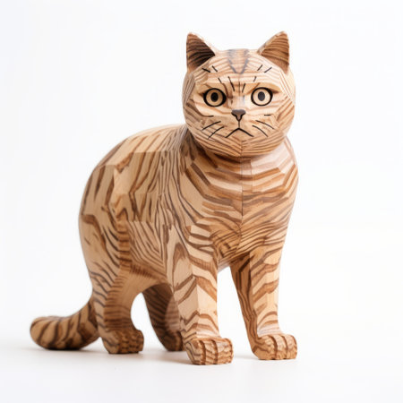 wooden british shorthair cat figurine handmade with intricate details, displayed against a clean white background, showcasing the full body of the piece. ideal for cat lovers and enthusiasts of artisan craftsmanship, this sculpture captures the essence of the beloved breed. ai generatedの素材