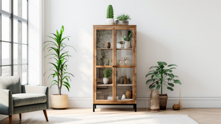 curio cabinet by west elm displayed against a clean white wall. this elegant piece showcases modern design and functionality, ideal for displaying your cherished items. the white backdrop enhances the cabinet's stylish aesthetics, making it a standout focal point in any room. add sophistication and organization to your space with this sleek west elm curio cabinet. ai generatedの素材
