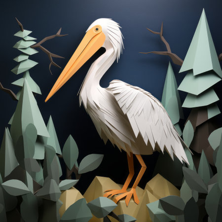 pelican paper craft: a polygon-designed pelican perched on a tree branch against a wall. this diy paper craft is both simple and eye-catching, perfect for a fun afternoon activity. get creative with your colors and watch your new pelican friend come to life!, ai generatedの素材