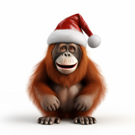 orangutan wearing a santa hat and with a red nose, depicted in a 3d rendering and illustration. this festive image showcases the playful and spirited character of the orangutan, with attention to detail in the rendering process. the contrast of the vibrant red nose and the white background enhances the holiday theme of the scene. ai generatedの素材