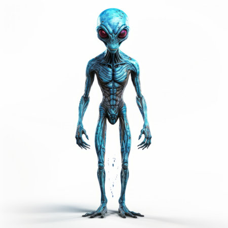 illustration of inverted blue aliens with green eyes, standing on a white background. the aliens are depicted in a realistic anatomical style, with light blue and crimson colors. this high-definition image, inspired by angura kei, captures a sense of slender and suburban ennui. created by alan bean. ai generatedの素材
