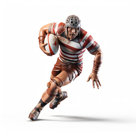 a rugby figurine of a player with a ball, showcasing a realistic hyper-detailed rendering. the figurine features horizontal stripes in light red and brown, reminiscent of the american barbizon school. the image is captured in uhd quality, with jump cuts adding an artistic touch. the composition includes eccentric props, enhancing the overall visual appeal. ai generatedの素材