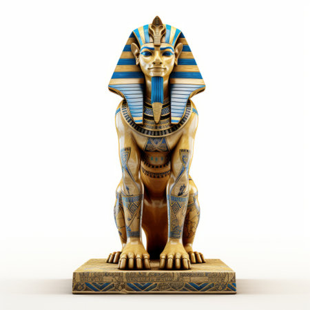 an egyptian sphinx figure, with a light gold and azure color scheme, is showcased on a white background. the image features a solarization effect, resulting in intensely colorful figuration. the sphinx exhibits kingcore characteristics, with hyper-realistic details and grandeur of scale. the vibrant woodcarvings add to the overall colorful aesthetic. ai generatedの素材