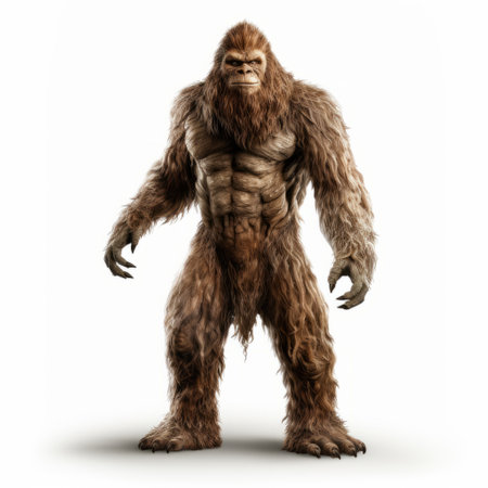 the bigfoot man, resembling the iconic creature, stands against a white background in this national geographic-style photo. with influences from marvel comics and frostpunk, the image captures the essence of characterized animals and features spiky mounds, creating a strong emotional impact. ai generatedの素材