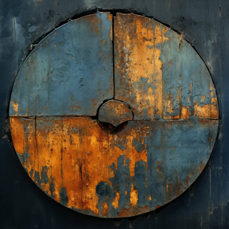 blue rust on an old building creates a striking visual in this photo, showcasing circular abstraction. the dark gray and orange hues add depth to the industrial assemblages. the use of traditional japanese artistic techniques and early medieval art influences are evident, resulting in a transportcore aesthetic. the contrasting balance between colors and textures adds to the overall appeal of the image. ai generatedの素材