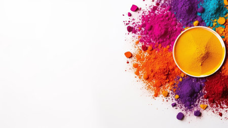 holi gift decoration featuring vibrant colors on a white background with copy space for messages. this flat lay image showcases festive elements in a top view perspective, perfect for fall celebrations. ai generatedの素材