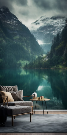 the scenery wallpaper showcases a calming and introspective aesthetic with dark green and light aquamarine hues. the webcam photography captures mountainous vistas in a swiss style, featuring dark turquoise and light brown elements. the scenery water adds a tranquil touch to the juxtaposed imagery, creating a serene visual experience. ai generatedの素材