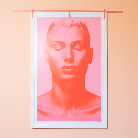 a portrait of a woman hanging on a pink fabric wall, showcasing the style of graphic design poster art. the image features luminous 3d objects, realistic hyper-detail, and a color palette of light orange and red. the careful framing highlights the serene expression on the woman's face, capturing a moment of straight photography. ai generatedの素材
