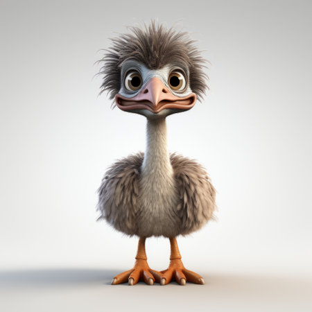 the adorable little ostrich in a high-quality 3ds max creation, with a fantasy style and front view. the cute bird stands out against a white background, resembling a character from the unreal engine style. ai generatedの素材
