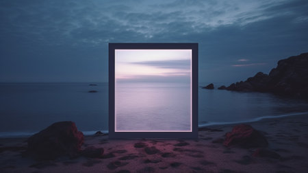 frame narrative mockup featuring a 7x5 minimalist design, set against a backdrop of nightfall. the elegant frame enhances the storytelling element, perfect for adding depth to your photos or artwork. this design seamlessly blends modern aesthetics with a touch of mystery, ideal for highlighting your creative vision. ai generatedの素材