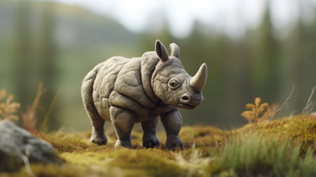 a felt stop-motion rhinoceros in a tundra setting, captured in high-definition 4k resolution. the scene features a shallow depth of field, highlighting the intricacies of the handmade rhinoceros, set against a backdrop of hemp plants with low saturation for a muted color palette. ai generatedの素材