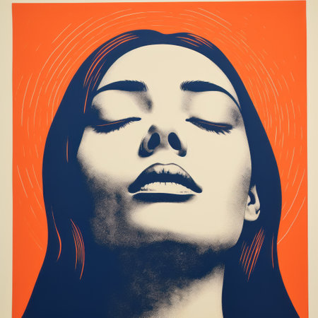 the poster showcases a woman with closed eyes, depicted in a bold lithographic style with dark orange and dark blue tones. the image exudes a sense of sanctuary and features a chrome-plated finish. the low-angle perspective and ultra-detailed rendering emphasize the woman's facial expression. ai generatedの素材