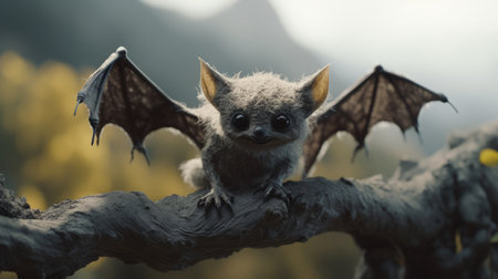 tundra, a felt stop-motion bat, captured in high-definition 4k resolution, showcasing a shallow depth of field. the image features a realistic depiction of hemp material, with low saturation enhancing the unique texture of the bat model. ai generatedの素材