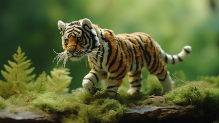 a felt stop-motion tiger in the tundra captured in stunning 4k resolution. the image features a shallow depth of field, enhancing the intricate details of the handmade tiger. the textured hemp background adds to the natural aesthetic, while the low saturation creates a muted, artistic feel. ai generatedの素材