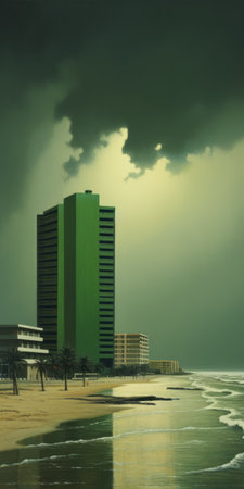 the stormy sky looms over the modernistic architecture by the lush green gulf of uae. the blend of nature and contemporary design creates a striking contrast in this coastal cityscape. greenery and modernism harmoniously coexist in this vibrant urban scene by the gulf. ai generatedの素材