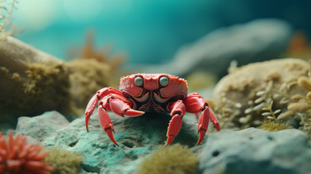 tundra landscape featuring a handcrafted felt stop-motion crab. the image is captured in 4k resolution with a shallow depth of field, showcasing intricate details of the hemp material used. the color palette is intentionally kept low in saturation, creating a visually unique and captivating scene. ai generatedの素材