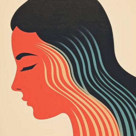 blonde woman with wavy hair in mid-century illustration style. the poster showcases an idealized native american theme with a combination of light red and dark cyan colors. the artwork, reminiscent of the 1970s, features split toning and tightly cropped compositions. ai generatedの素材