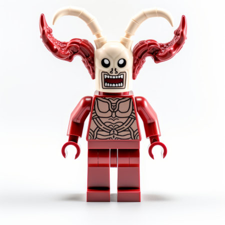 a lego figure with a cape adorned with small horns, inspired by the fantastic grotesque style. the figure is light beige and crimson, reminiscent of mike deodato's artwork. the photograph captures a demonic essence, showcasing monochromatic chaos and featuring skull motifs. the character design is cartoonish yet captivating. ai generatedの素材