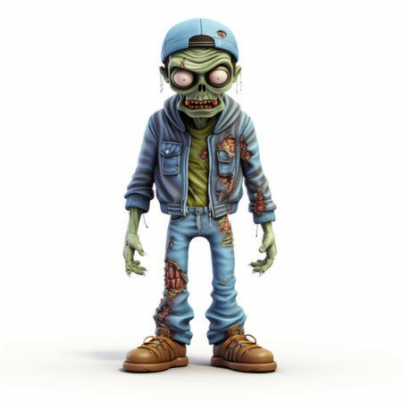 a 3d rendered plastic cartoon of a zombie wearing jeans is depicted in full body against a white background. this quirky and unique image combines elements of fantasy and realism, capturing the essence of a playful and spooky character. ai generatedの素材