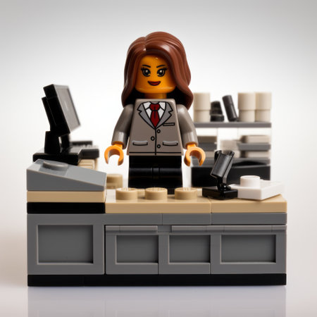 a female lego administrative assistant figure stands against a white isolated background. this lego character represents a professional woman in an administrative role, ideal for play or display. the figure features intricate details and accessories, perfect for lego enthusiasts and collectors. ai generatedの素材