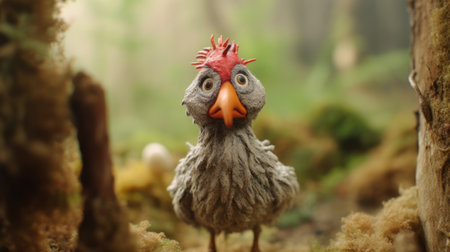 the photo features a new short film titled "taming of the zoo" starring swedish animator franko forst. the film showcases hyper-realistic bird studies and primitive figurines, with a shallow depth of field. the style of the film can be described as forestpunk, matte photo, and caricature-like, enhanced by the use of vray technology. ai generatedの素材